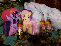 Size: 4608x3456 | Tagged: safe, fluttershy, twilight sparkle, alicorn, pony, g4, alcohol, beer, drink, irl, photo, pillow, twilight sparkle (alicorn), waifu dinner