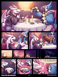 Size: 920x1213 | Tagged: safe, artist:the secret cave, fizzle, bird, dragon, macaw, parrot, rito, anthro, digitigrade anthro, comic:save it for the bedroom, g4, 2018, blushing, clothes, comic, crossover, crossover shipping, femboy, food, gay, girly, kass, male, shipping, sitting, the legend of zelda, the legend of zelda: breath of the wild