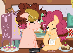 Size: 1024x746 | Tagged: safe, artist:xxsakuragalaxyxx, oc, oc only, oc:cheese cake, oc:party cannon, apron, base used, brother and sister, chest fluff, clothes, duo, female, floppy ears, food, frying pan, giggling, kitchen, male, mare, offspring, one eye closed, pancakes, parent:cheese sandwich, parent:pinkie pie, parents:cheesepie, stallion