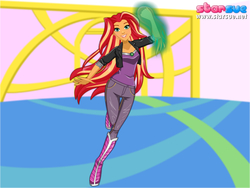 Size: 800x600 | Tagged: safe, artist:tychotma-1, sunset shimmer, equestria girls, g4, crossover, dc comics, dc superhero girls, female, fiery shimmer, fire, grin, smiling, solo, starfire, starsue, teen titans