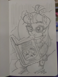 Size: 1536x2048 | Tagged: safe, artist:latecustomer, moondancer, pony, unicorn, g4, book, cute, dancerbetes, dungeons and dragons, female, glasses, magic, mare, ogres and oubliettes, solo, traditional art