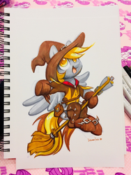 Size: 1536x2048 | Tagged: safe, artist:dawnfire, derpy hooves, pegasus, pony, g4, broom, cute, derpabetes, female, flying, flying broomstick, hat, mercy, overwatch, solo, traditional art, witch hat