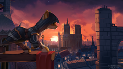 Size: 1920x1080 | Tagged: safe, artist:discordthege, oc, oc only, earth pony, pony, assassin's creed, bell, digital art, scenery, signature, solo, sunset, town, wallpaper