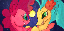 Size: 1450x697 | Tagged: safe, artist:metallicmadness, pinkie pie, princess skystar, earth pony, pony, seapony (g4), g4, my little pony: the movie, cute, diapinkes, dorsal fin, female, fin, fish tail, flower, flower in hair, flowing mane, flowing tail, jewelry, lesbian, lidded eyes, looking at each other, looking at someone, mare, necklace, ocean, open mouth, open smile, pearl necklace, scales, seaponified, seapony pinkie pie, seaquestria, ship:skypie, shipping, smiling, smiling at each other, species swap, swimming, tail, that pony sure does love being a seapony, underwater, water