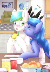 Size: 1200x1700 | Tagged: safe, artist:tokokami, oc, oc only, oc:looic, oc:shadow blue, earth pony, pegasus, pony, black wings, blue eyes, blue fur, blue mane, blushing, bread, breakfast, bun (food), commission, croissant, crying, cuddling, cute, cutie mark, dishes, eating, eye contact, female, flower, food, grass, heart, heterochromia, honey, human shoulders, husband and wife, kitchen, licking, looking at each other, love, male, marmalade, married, married couple, milk, oc x oc, raised hoof, shadooic, shipping, straight, tears of joy, tongue out, tree, white fur, wings
