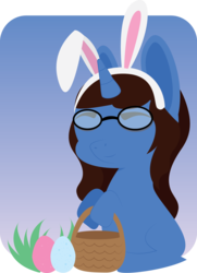 Size: 1443x1989 | Tagged: safe, artist:lordswinton, oc, oc only, oc:11newells, pony, rabbit, unicorn, basket, blue, commission, cute, easter, egg, glasses, holiday, present, solo, ych result