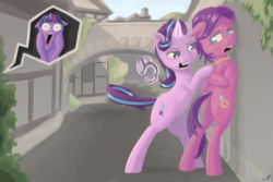 Size: 6000x4000 | Tagged: safe, artist:madgehog, spoiled rich, starlight glimmer, twilight sparkle, earth pony, pony, unicorn, g4, absurd resolution, arrested, bipedal, colored, cuffs, female, handcuffed, humiliation, mare, open mouth, ponyville, screaming, the scream, this will end in gulag