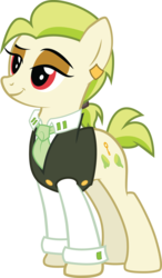 Size: 1609x2755 | Tagged: safe, artist:duskthebatpack, oc, oc only, oc:golden keylime, earth pony, pony, ascot, clothes, commission, female, mare, piercing, show accurate, simple background, solo, transparent background, vector, vest