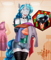 Size: 889x1053 | Tagged: safe, artist:blackblood-queen, oc, oc only, oc:bubble lee, oc:mako, earth pony, hybrid, orca pony, original species, unicorn, anthro, anthro oc, chibi, clothes, couple, female, jewelry, makolee, male, money, necklace, oc x oc, shipping, shopping, shorts, smiling, stockings, story in the source, straight, thigh highs