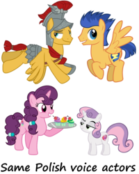 Size: 1000x1250 | Tagged: safe, flash magnus, flash sentry, sugar belle, sweetie belle, pegasus, pony, unicorn, g4, exploitable meme, female, filly, justyna bojczuk, karol jankiewicz, male, mare, meme, poland, polish, same voice actor, simple background, stallion, transparent background