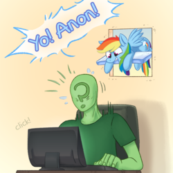 Size: 1181x1181 | Tagged: safe, artist:adequality, artist:xieril, rainbow dash, oc, oc:anon, human, pegasus, pony, g4, clothes, colored, computer, desktop, dialogue, duo, female, mare, monitor, open mouth, shirt, smiling, surprised, yo