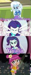 Size: 363x861 | Tagged: safe, rarity, trixie, equestria girls, g4, ami onuki, hi hi puffy ami yumi, leyla rangel, spanish, translated in the comments, voice actor joke