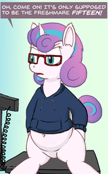 Size: 629x1006 | Tagged: safe, artist:sybaris, derpibooru exclusive, princess flurry heart, alicorn, pony, g4, belly, belly button, chubby, clothes, college, dialogue, featureless crotch, female, glasses, hoodie, nerd, nerdy heart, older, older flurry heart, plump, princess flabby heart, scale, shirt, sitting, solo, teenage flurry heart, teenager, weight gain