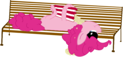 Size: 650x303 | Tagged: safe, artist:inthewind, pinkie pie, earth pony, pony, g4, bench, female, food, glasses, mare, on back, popcorn, simple background, solo, transparent background