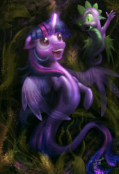 Size: 4962x7242 | Tagged: safe, artist:zilvart, spike, twilight sparkle, alicorn, seapony (g4), g4, my little pony: the movie, absurd resolution, clothes, dorsal fin, female, fin, fin wings, fins, fish tail, flowing mane, flowing tail, glowing horn, horn, male, mare, ocean, open mouth, open smile, purple eyes, scales, seaponified, seapony twilight, seaweed, see-through, signature, smiling, species swap, spread wings, swimming, tail, teeth, twilight sparkle (alicorn), underwater, water, wings