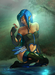 Size: 2198x3000 | Tagged: safe, artist:eve-ashgrove, artist:vest, queen chrysalis, dragonfly, human, g4, clothes, female, high res, humanized, solo, stockings, thigh highs, torn clothes