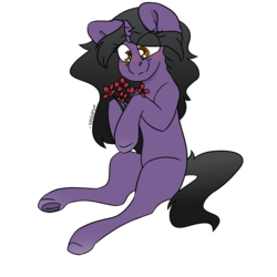 Size: 1280x1280 | Tagged: safe, artist:spoopygander, oc, oc only, oc:rivibaes, pony, blushing, female, flower, full body, mare, simple background, sitting, solo, transparent background