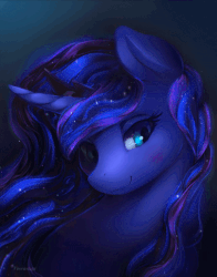 Size: 600x767 | Tagged: safe, artist:theshadowscale, artist:viwrastupr, princess luna, alicorn, pony, g4, animated, bust, cute, ear flick, ethereal mane, female, limited palette, looking at you, lunabetes, mare, portrait, smiling, solo, starry mane