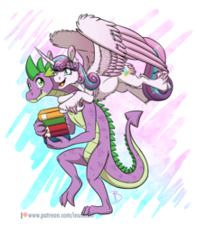 Size: 900x1032 | Tagged: safe, artist:inuhoshi-to-darkpen, princess flurry heart, spike, alicorn, dragon, pony, g4, book, duo, feathered fetlocks, female, male, mare, older, older flurry heart, older spike, patreon, patreon logo, simple background, smiling, transparent background, uncle spike, unshorn fetlocks