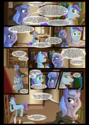 Size: 1240x1754 | Tagged: safe, artist:lunarcakez, princess luna, oc, oc:soliloquy, pony, comic:the origins of hollow shades, g4, book, candle, cloak, clothes, comic, male, quill, s1 luna, stallion