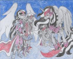 Size: 1536x1242 | Tagged: safe, artist:nephilim rider, oc, oc only, oc:heaven lost, oc:nova the dusk maiden, alicorn, human, pony, equestria girls, g4, alicorn oc, female, human ponidox, nephilim, self ponidox, traditional art