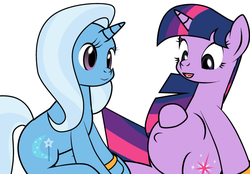 Size: 600x418 | Tagged: safe, artist:dekomaru, edit, trixie, twilight sparkle, pony, unicorn, tumblr:ask twixie, g4, ask, cropped, female, lesbian, pregnant, ship:twixie, shipping, tumblr