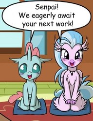 Size: 234x306 | Tagged: safe, artist:uotapo, edit, ocellus, silverstream, changedling, changeling, classical hippogriff, hippogriff, g4, anatomically incorrect, blushing, cropped, cute, dialogue, diaocelles, diastreamies, duo, horn, incorrect leg anatomy, jewelry, looking at you, mistranslation, necklace, seiza, senpai, sensei, smiling
