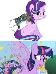 Size: 1136x1478 | Tagged: safe, edit, edited screencap, screencap, starlight glimmer, twilight sparkle, alicorn, pony, g4, angry, disintegration, gravity gun, imminent death, looking at you, simple background, twilight sparkle (alicorn), vector, white background, zero point energy field manipulator