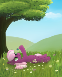 Size: 2281x2834 | Tagged: safe, artist:whiskeypanda, derpibooru exclusive, cheerilee, butterfly, earth pony, pony, g4, cloud, cutie mark, female, flower, grass, high res, mare, on back, sky, smiling, solo, tree