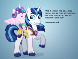 Size: 1177x883 | Tagged: safe, anonymous artist, princess flurry heart, shining armor, alicorn, pony, unicorn, g4, 4chan, baby, bible verse, christianity, colored, cute, diaper, drawthread, duo, father and daughter, female, flurrybetes, funny, funny as hell, grim reaper, male, religion, simple background