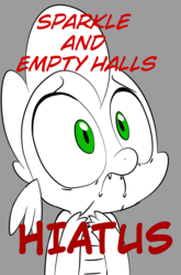 Size: 800x1214 | Tagged: safe, artist:emositecc, spike, dragon, comic:empty halls, comic:sparkle, g4, green eyes, hiatus, monochrome, red text, sad, text