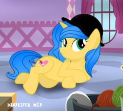 Size: 1024x927 | Tagged: safe, artist:danielitamlp, oc, oc only, pony, unicorn, hat, prone, show accurate, solo