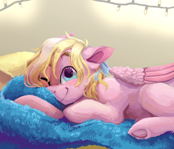 Size: 2000x1710 | Tagged: safe, artist:eggoatt, oc, oc only, oc:bay breeze, pegasus, pony, bed, blanket, bow, cute, female, hair bow, looking at you, mare, messy mane, one eye closed, solo, underhoof