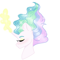 Size: 1000x1000 | Tagged: safe, artist:sunbutt-worshipper, princess celestia, pony, g4, bust, eyes closed, female, glowing horn, horn, simple background, solo, white background, windswept mane