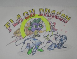 Size: 893x680 | Tagged: safe, angel bunny, rarity, spike, g4, crossover, female, flash gordon, holding a pony, male, ship:sparity, shipping, spaceship, straight, traditional art