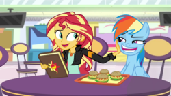 Size: 1280x720 | Tagged: safe, edit, edited screencap, screencap, rainbow dash, sunset shimmer, equestria girls, equestria girls specials, g4, my little pony equestria girls: mirror magic, non-compete clause, book, burger, chair, food, geode of empathy, hamburger, jewelry, journal, looking at each other, magical geodes, rainbow dash is best facemaker, raised eyebrow, smiling, storefront, table, television, tray