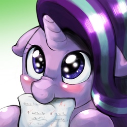 Size: 1536x1536 | Tagged: safe, artist:kurogewapony, starlight glimmer, pony, unicorn, g4, a+, blushing, cute, female, floppy ears, glimmerbetes, hnnng, mare, mouth hold, nom, paper, smiling, solo