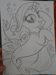 Size: 1536x2048 | Tagged: safe, artist:whitediamonds, rarity, pony, seapony (g4), unicorn, g4, my little pony: the movie, bubble, cute, female, grayscale, horn, jewelry, looking at you, mare, monochrome, necklace, pearl necklace, pretty, raribetes, seaponified, seapony rarity, simple background, smiling, solo, species swap, traditional art, underwater, white background
