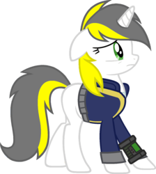 Size: 1024x1144 | Tagged: safe, artist:yellow-glaze, oc, oc only, oc:yellowglaze, pony, unicorn, fallout equestria, base used, clothes, cuffs (clothes), fallout, female, mare, pipbuck, simple background, solo, transparent background