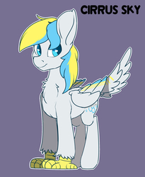 Size: 1800x2200 | Tagged: safe, artist:passigcamel, oc, oc only, oc:cirrus sky, hippogriff, chest fluff, smiling, solo, text