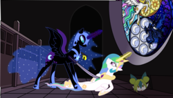 Size: 1703x967 | Tagged: safe, artist:orochismith, nightmare moon, princess celestia, princess luna, g4, .svg available, cathedral, cowboy bebop, crossover, female, glowing horn, gun, handgun, horn, katana, looking at each other, magic, mare, muramasa, pistol, stained glass, standoff, svg, sword, telekinesis, this will end in tears, vector, weapon