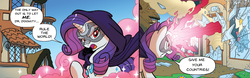 Size: 2674x834 | Tagged: safe, artist:tonyfleecs, edit, idw, rarity, pony, unicorn, g4, ponies of dark water, spoiler:comic, spoiler:comic44, cape, clothes, comic, cropped, doctor doom, doctor doomity, female, magic blast, mare, mask, solo, speech bubble, text edit