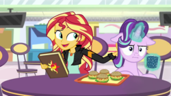 Size: 1280x720 | Tagged: safe, edit, edited screencap, screencap, starlight glimmer, sunset shimmer, pony, equestria girls, equestria girls specials, g4, marks for effort, my little pony equestria girls: mirror magic, :i, book, burger, chair, chocolate, duo, empathy cocoa, faic, female, floppy ears, food, geode of empathy, glowing horn, guidance counselor, hamburger, horn, hot chocolate, i mean i see, jewelry, journal, levitation, magic, magical geodes, mare, marshmallow, raised eyebrow, smiling, storefront, table, telekinesis, television, tray