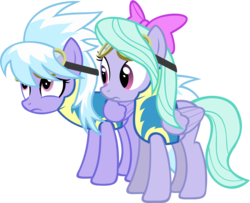 Size: 1244x1009 | Tagged: safe, artist:zacatron94, cloudchaser, flitter, pegasus, pony, g4, bow, clothes, duo, duo female, female, folded wings, goggles, hair bow, mare, simple background, sisters, standing, transparent background, uniform, vector, wings, wonderbolt trainee uniform