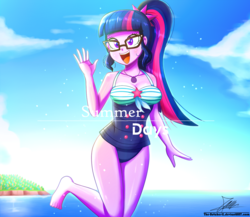 Size: 1220x1060 | Tagged: safe, artist:the-butch-x, sci-twi, twilight sparkle, equestria girls, equestria girls specials, g4, my little pony equestria girls: better together, my little pony equestria girls: forgotten friendship, adorasexy, barefoot, beach, beach babe, breasts, busty twilight sparkle, cleavage, clothes, cloud, commission, cute, feet, female, glasses, legs together, looking at you, necklace, obtrusive text, one-piece swimsuit, open mouth, ponytail, sci-twi swimsuit, sexy, sky, smiling, solo, summer, swimsuit, text, twiabetes, water
