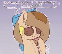 Size: 1330x1177 | Tagged: safe, artist:dsp2003, oc, oc:raggie, hagwarders, original species, plush pony, pony, :p, blatant lies, button eyes, comic, female, gradient background, implied anon, mare, signature, silly, single panel, tongue out, trolling
