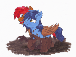 Size: 4195x3186 | Tagged: safe, artist:pzkratzer, oc, oc only, oc:night cloud, oc:ponygriff, bat pony, hippogriff, hybrid, pony, ponygriff, 'let's do something new', dirt, duo, female, male, mud, muddy, shipping, traditional art, wet and messy