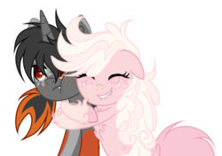 Size: 1024x722 | Tagged: safe, artist:mintoria, oc, oc only, oc:kayaku, oc:kit, earth pony, pony, unicorn, base used, female, freckles, hug, mare, simple background, transparent background, unamused