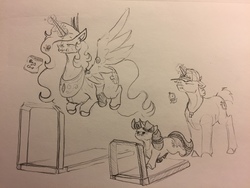 Size: 3264x2448 | Tagged: safe, artist:greyscaleart, princess celestia, twilight sparkle, alicorn, pony, unicorn, the tiny apprentice, g4, chubbylestia, eating, fat, flying, food, glowing horn, high res, horn, magic, monochrome, sketch, telekinesis, traditional art, treadmill, unamused