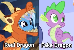 Size: 1100x746 | Tagged: safe, edit, edited screencap, screencap, spike, trixie, dragon, pony, unicorn, g4, uncommon bond, abuse, blatant lies, cute, diatrixes, dragon costume, glowing horn, horn, know the difference, op is a duck, op is trying to be funny, op is trying to start shit, spikeabuse, text, wrong
